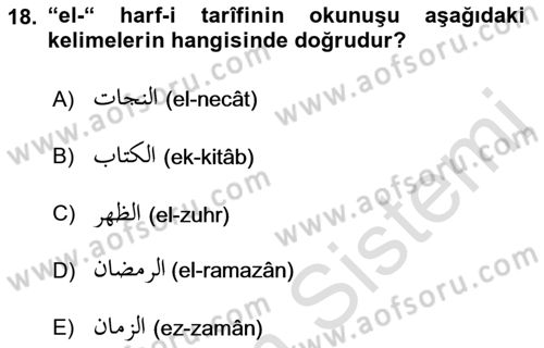 Osmanlı Türkçesi Grameri 1 Dersi 2023 - 2024 Yılı (Final) Dönem Sonu Sınavı 18. Soru