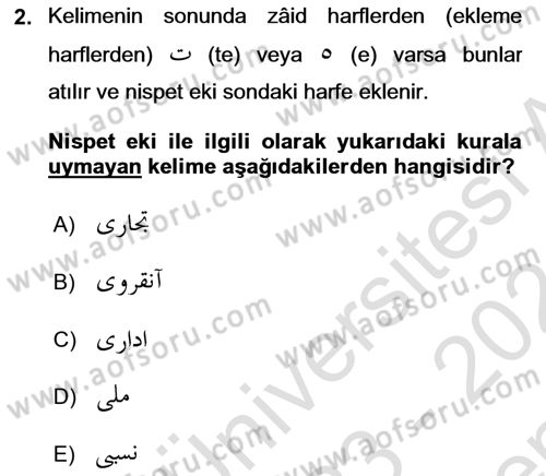 Osmanlı Türkçesi Grameri 1 Dersi 2023 - 2024 Yılı (Final) Dönem Sonu Sınavı 2. Soru