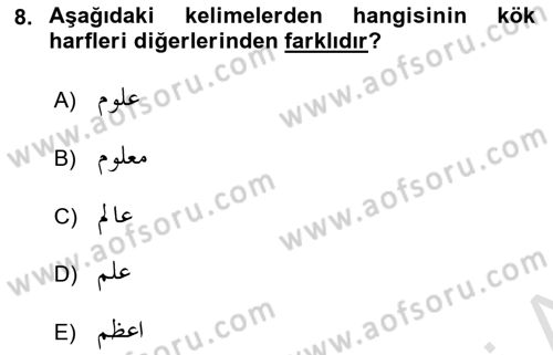 Osmanlı Türkçesi Grameri 1 Dersi 2023 - 2024 Yılı (Final) Dönem Sonu Sınavı 8. Soru