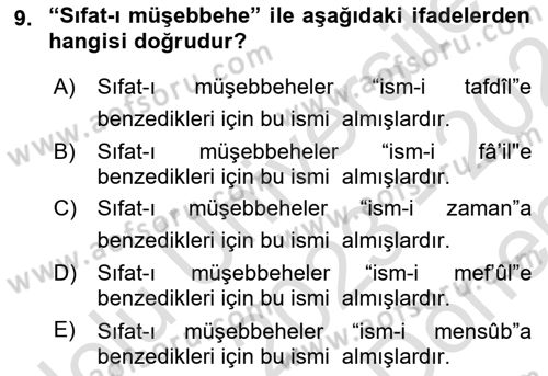 Osmanlı Türkçesi Grameri 1 Dersi 2023 - 2024 Yılı (Final) Dönem Sonu Sınavı 9. Soru