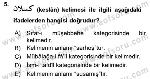 Osmanlı Türkçesi Grameri 1 Dersi 2023 - 2024 Yılı Yaz Okulu Sınav Soruları 5. Soru
