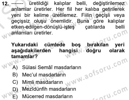 Osmanlı Türkçesi Grameri 1 Dersi 2024 - 2025 Yılı (Final) Dönem Sonu Sınav Soruları 12. Soru