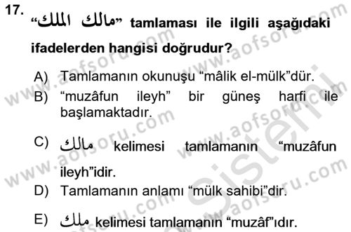 Osmanlı Türkçesi Grameri 1 Dersi 2024 - 2025 Yılı (Final) Dönem Sonu Sınav Soruları 17. Soru