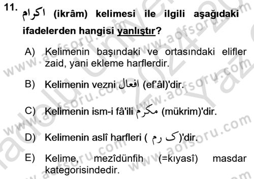 Osmanlı Türkçesi Grameri 1 Dersi 2024 - 2025 Yılı Yaz Okulu Sınav Soruları 11. Soru