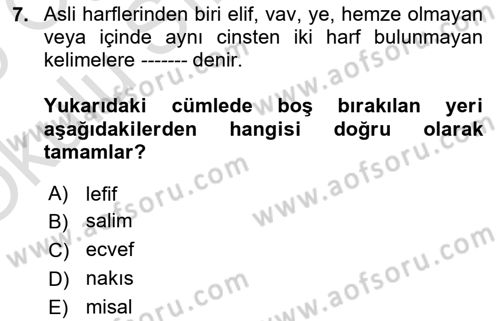 Osmanlı Türkçesi Grameri 1 Dersi 2024 - 2025 Yılı Yaz Okulu Sınav Soruları 7. Soru