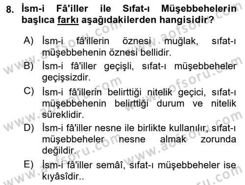 Osmanlı Türkçesi Grameri 1 Dersi 2024 - 2025 Yılı Yaz Okulu Sınav Soruları 8. Soru