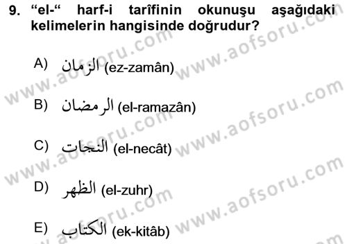 Osmanlı Türkçesi Grameri 1 Dersi 2024 - 2025 Yılı Yaz Okulu Sınav Soruları 9. Soru