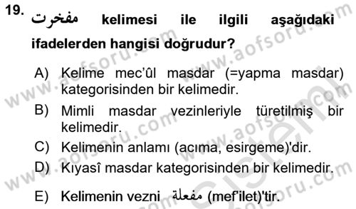 Osmanlı Türkçesi Grameri 1 Dersi 2025 - 2026 Yılı (Vize) Ara Sınav Soruları 19. Soru