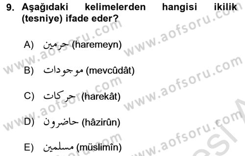 Osmanlı Türkçesi Grameri 1 Dersi 2025 - 2026 Yılı (Vize) Ara Sınav Soruları 9. Soru