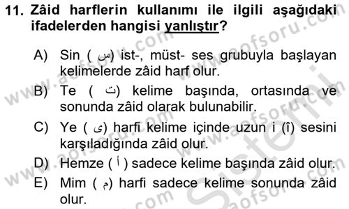 Osmanlı Türkçesi Grameri 1 Dersi 2025 - 2026 Yılı (Final) Dönem Sonu Sınav Soruları 11. Soru