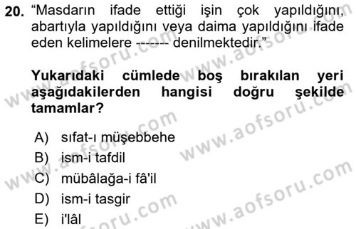 Osmanlı Türkçesi Grameri 1 Dersi 2025 - 2026 Yılı (Final) Dönem Sonu Sınav Soruları 20. Soru