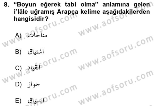 Osmanlı Türkçesi Grameri 1 Dersi 2025 - 2026 Yılı (Final) Dönem Sonu Sınav Soruları 8. Soru