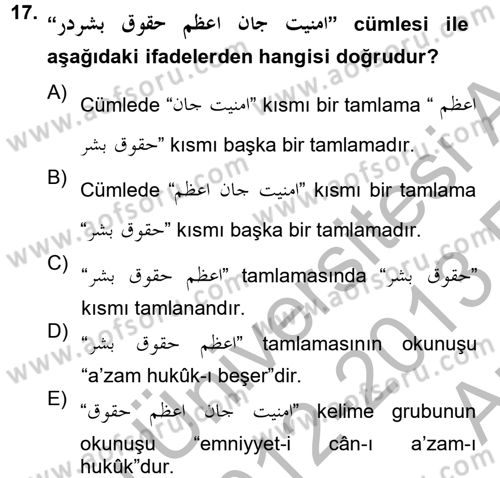 Osmanlı Türkçesi Grameri 2 Dersi 2012 - 2013 Yılı (Vize) Ara Sınav Soruları 17. Soru