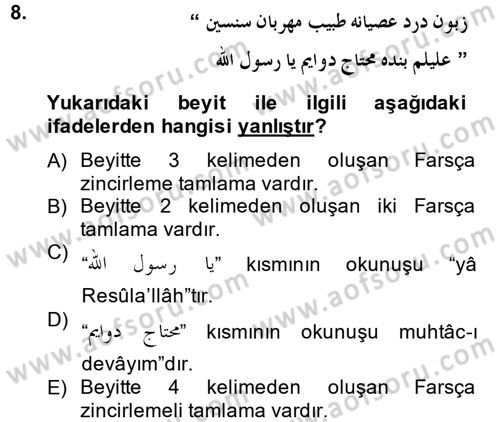 Osmanlı Türkçesi Grameri 2 Dersi 2012 - 2013 Yılı (Final) Dönem Sonu Sınav Soruları 8. Soru
