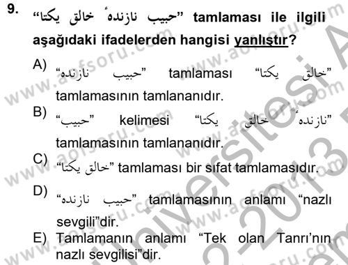 Osmanlı Türkçesi Grameri 2 Dersi 2012 - 2013 Yılı (Final) Dönem Sonu Sınav Soruları 9. Soru