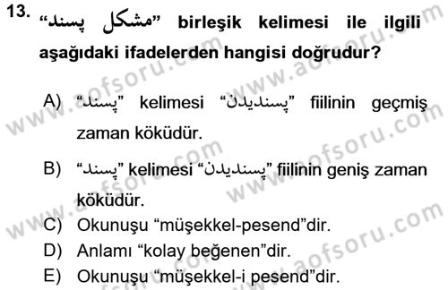 Osmanlı Türkçesi Grameri 2 Dersi 2015 - 2016 Yılı (Vize) Ara Sınav Soruları 13. Soru