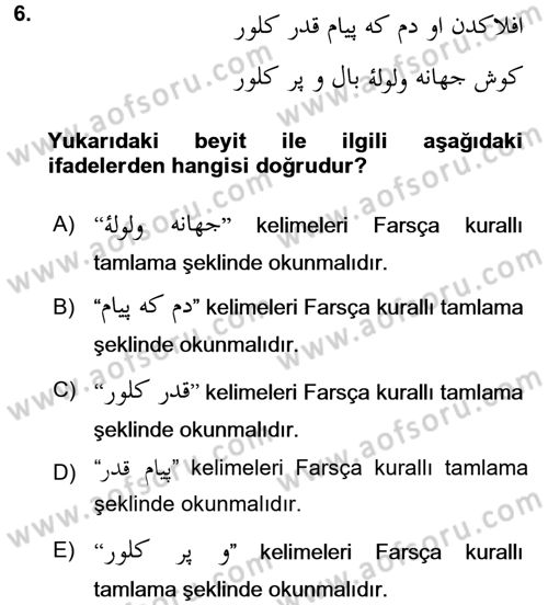 Osmanlı Türkçesi Grameri 2 Dersi 2015 - 2016 Yılı (Final) Dönem Sonu Sınav Soruları 6. Soru