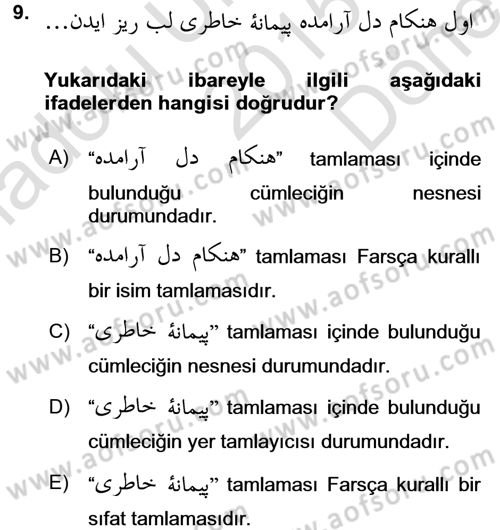 Osmanlı Türkçesi Grameri 2 Dersi 2015 - 2016 Yılı (Final) Dönem Sonu Sınav Soruları 9. Soru