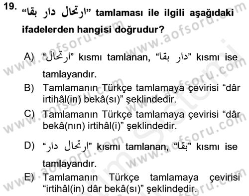 Osmanlı Türkçesi Grameri 2 Dersi 2017 - 2018 Yılı (Vize) Ara Sınav Soruları 19. Soru