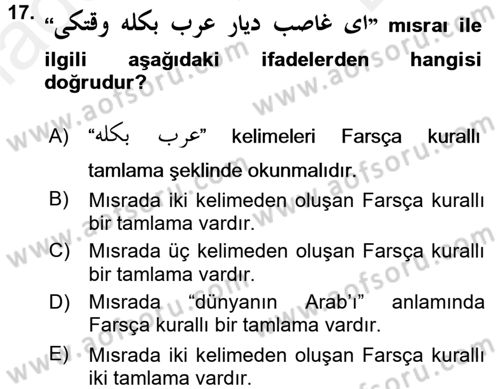 Osmanlı Türkçesi Grameri 2 Dersi 2017 - 2018 Yılı (Final) Dönem Sonu Sınav Soruları 17. Soru