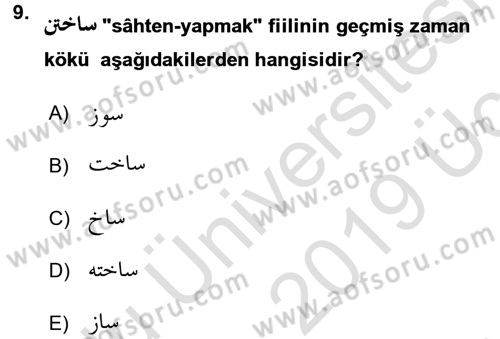 Osmanlı Türkçesi Grameri 2 Dersi 2018 - 2019 Yılı 3 Ders Sınav Soruları 9. Soru
