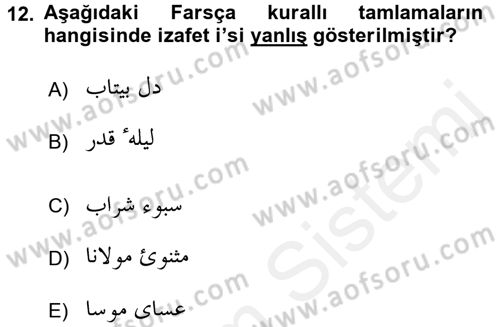 Osmanlı Türkçesi Grameri 2 Dersi 2018 - 2019 Yılı (Vize) Ara Sınav Soruları 12. Soru