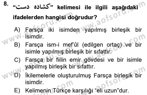 Osmanlı Türkçesi Grameri 2 Dersi 2018 - 2019 Yılı (Vize) Ara Sınav Soruları 8. Soru