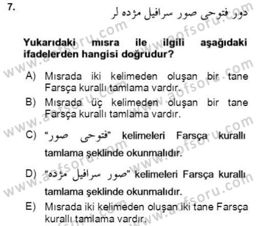 Osmanlı Türkçesi Grameri 2 Dersi 2018 - 2019 Yılı (Final) Dönem Sonu Sınav Soruları 7. Soru