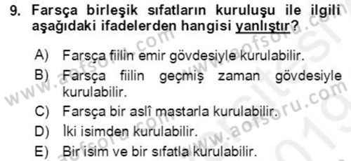 Osmanlı Türkçesi Grameri 2 Dersi 2018 - 2019 Yılı (Final) Dönem Sonu Sınav Soruları 9. Soru