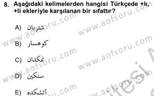 Osmanlı Türkçesi Grameri 2 Dersi 2018 - 2019 Yılı Yaz Okulu Sınav Soruları 8. Soru