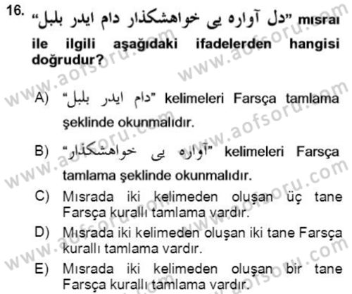 Osmanlı Türkçesi Grameri 2 Dersi 2021 - 2022 Yılı (Vize) Ara Sınav Soruları 16. Soru