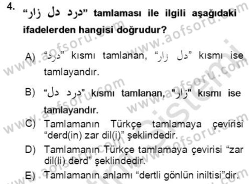 Osmanlı Türkçesi Grameri 2 Dersi 2021 - 2022 Yılı (Vize) Ara Sınav Soruları 4. Soru