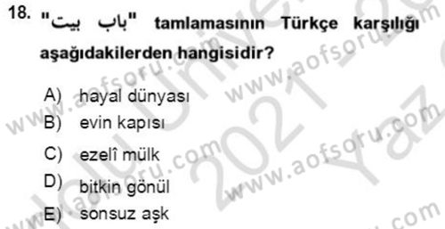 Osmanlı Türkçesi Grameri 2 Dersi 2021 - 2022 Yılı Yaz Okulu Sınav Soruları 18. Soru