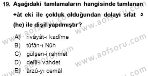 Osmanlı Türkçesi Grameri 2 Dersi 2021 - 2022 Yılı Yaz Okulu Sınav Soruları 19. Soru