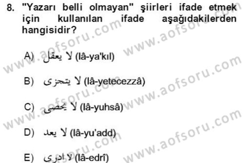 Osmanlı Türkçesi Grameri 2 Dersi 2021 - 2022 Yılı Yaz Okulu Sınav Soruları 8. Soru