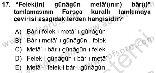 Osmanlı Türkçesi Grameri 2 Dersi 2023 - 2024 Yılı (Vize) Ara Sınav Soruları 17. Soru