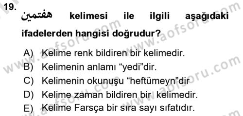 Osmanlı Türkçesi Grameri 2 Dersi 2023 - 2024 Yılı (Vize) Ara Sınav Soruları 19. Soru