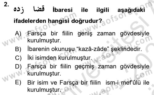 Osmanlı Türkçesi Grameri 2 Dersi 2023 - 2024 Yılı (Vize) Ara Sınav Soruları 2. Soru