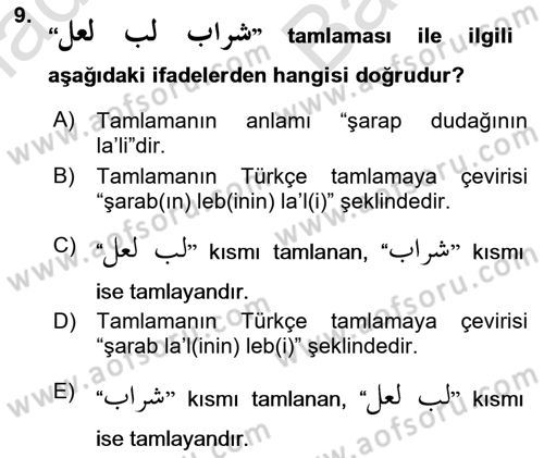 Osmanlı Türkçesi Grameri 2 Dersi 2023 - 2024 Yılı (Vize) Ara Sınav Soruları 9. Soru