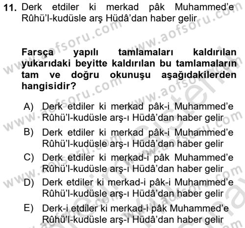 Osmanlı Türkçesi Grameri 2 Dersi 2023 - 2024 Yılı (Final) Dönem Sonu Sınav Soruları 11. Soru