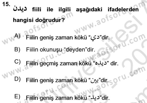 Osmanlı Türkçesi Grameri 2 Dersi 2023 - 2024 Yılı (Final) Dönem Sonu Sınav Soruları 15. Soru