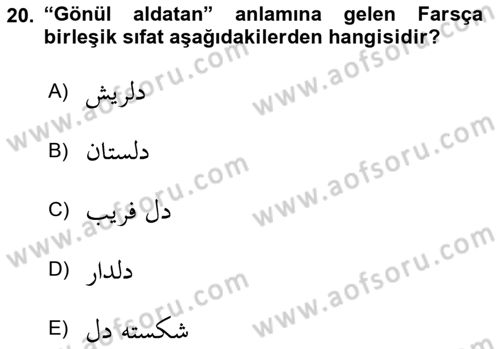 Osmanlı Türkçesi Grameri 2 Dersi 2023 - 2024 Yılı (Final) Dönem Sonu Sınav Soruları 20. Soru