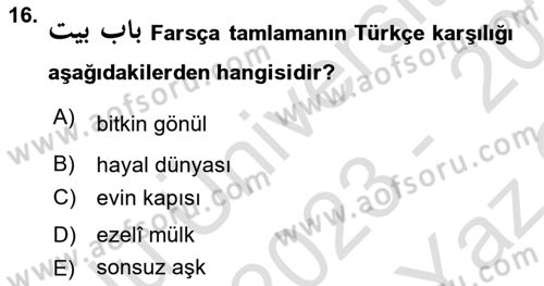 Osmanlı Türkçesi Grameri 2 Dersi 2023 - 2024 Yılı Yaz Okulu Sınav Soruları 16. Soru