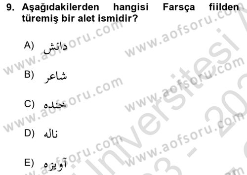 Osmanlı Türkçesi Grameri 2 Dersi 2023 - 2024 Yılı Yaz Okulu Sınav Soruları 9. Soru