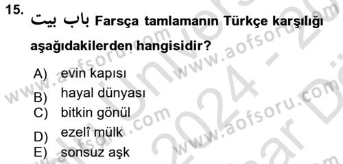 Osmanlı Türkçesi Grameri 2 Dersi 2024 - 2025 Yılı (Vize) Ara Sınav Soruları 15. Soru