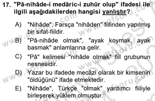Osmanlı Türkçesi Grameri 2 Dersi 2024 - 2025 Yılı (Final) Dönem Sonu Sınav Soruları 17. Soru