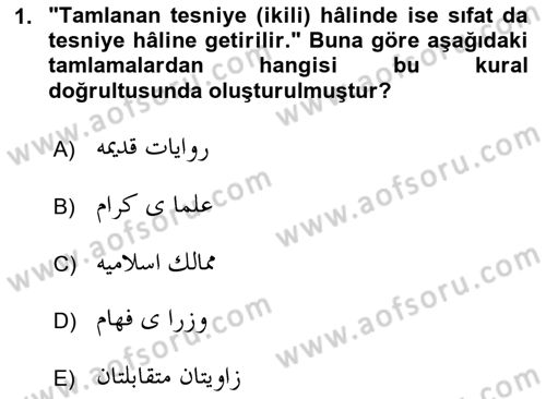 Osmanlı Türkçesi Grameri 2 Dersi 2024 - 2025 Yılı Yaz Okulu Sınav Soruları 1. Soru