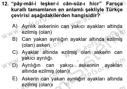 Osmanlı Türkçesi Grameri 2 Dersi 2024 - 2025 Yılı Yaz Okulu Sınav Soruları 12. Soru