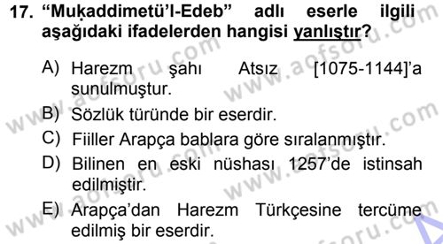 XI-XIII. Yüzyıllar Türk Dili Dersi 2012 - 2013 Yılı (Final) Dönem Sonu Sınav Soruları 17. Soru