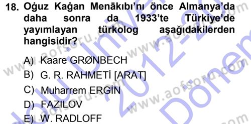 XI-XIII. Yüzyıllar Türk Dili Dersi 2012 - 2013 Yılı (Final) Dönem Sonu Sınav Soruları 18. Soru